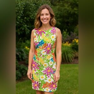 J MCLAUGHLIN White Floral Sleeveless Dress Catalina Cloth Stretch EUC